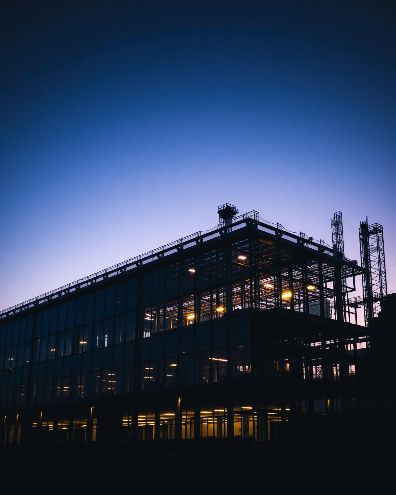 Modern commercial steel structure under construction at dusk